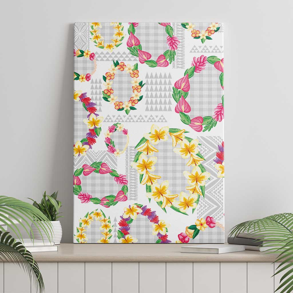 Hawaiian Kakau Tattoo Leis and Palaka Pattern Canvas Wall Art Traditional Aloha Tribal White Color