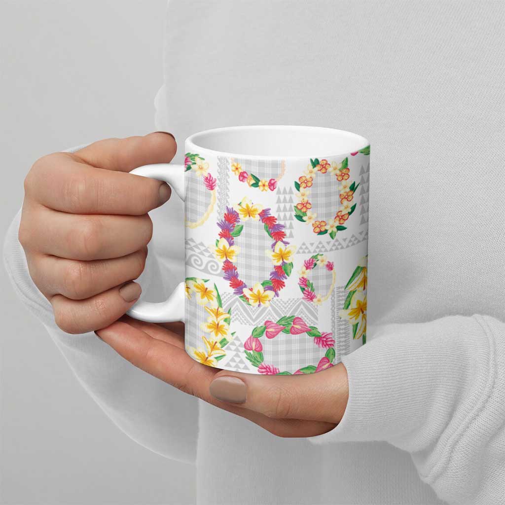 Hawaiian Kakau Tattoo Leis and Palaka Pattern Ceramic Mug Traditional Aloha Tribal White Color