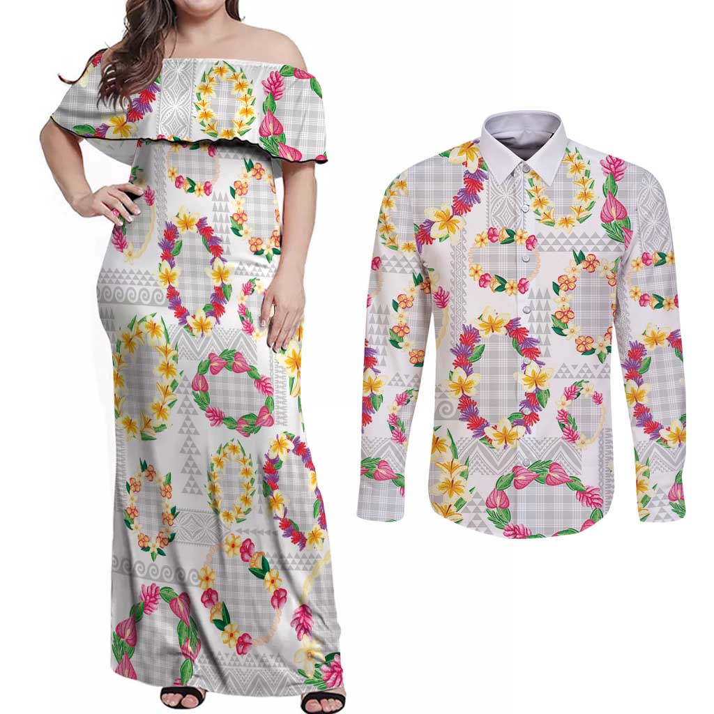 Hawaiian Kakau Tattoo Leis and Palaka Pattern Couples Matching Off Shoulder Maxi Dress and Long Sleeve Button Shirt Traditional Aloha Tribal White Color