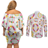 Hawaiian Kakau Tattoo Leis and Palaka Pattern Couples Matching Off Shoulder Short Dress and Long Sleeve Button Shirt Traditional Aloha Tribal White Color LT03 - Polynesian Pride