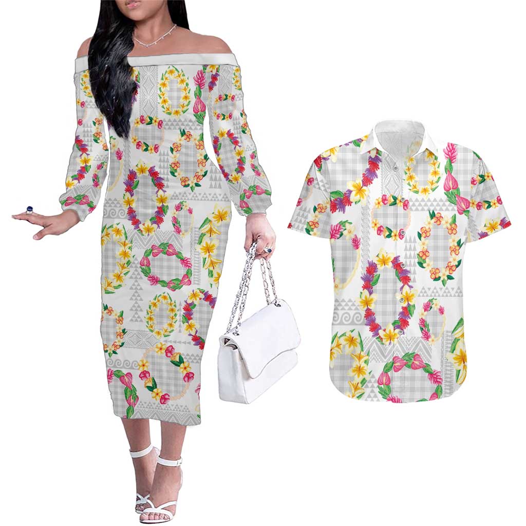 Hawaiian Kakau Tattoo Leis and Palaka Pattern Couples Matching Off The Shoulder Long Sleeve Dress and Hawaiian Shirt Traditional Aloha Tribal White Color
