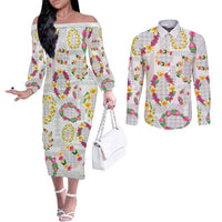 Hawaiian Kakau Tattoo Leis and Palaka Pattern Couples Matching Off The Shoulder Long Sleeve Dress and Long Sleeve Button Shirt Traditional Aloha Tribal White Color LT03 White - Polynesian Pride