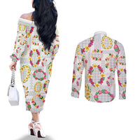 Hawaiian Kakau Tattoo Leis and Palaka Pattern Couples Matching Off The Shoulder Long Sleeve Dress and Long Sleeve Button Shirt Traditional Aloha Tribal White Color LT03 - Polynesian Pride