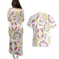 Hawaiian Kakau Tattoo Leis and Palaka Pattern Couples Matching Puletasi and Hawaiian Shirt Traditional Aloha Tribal White Color LT03 - Polynesian Pride