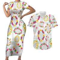 Hawaiian Kakau Tattoo Leis and Palaka Pattern Couples Matching Short Sleeve Bodycon Dress and Hawaiian Shirt Traditional Aloha Tribal White Color LT03 White - Polynesian Pride