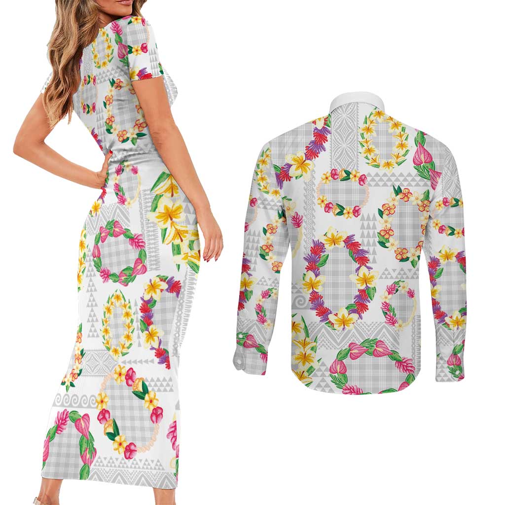 Hawaiian Kakau Tattoo Leis and Palaka Pattern Couples Matching Short Sleeve Bodycon Dress and Long Sleeve Button Shirt Traditional Aloha Tribal White Color LT03 - Polynesian Pride
