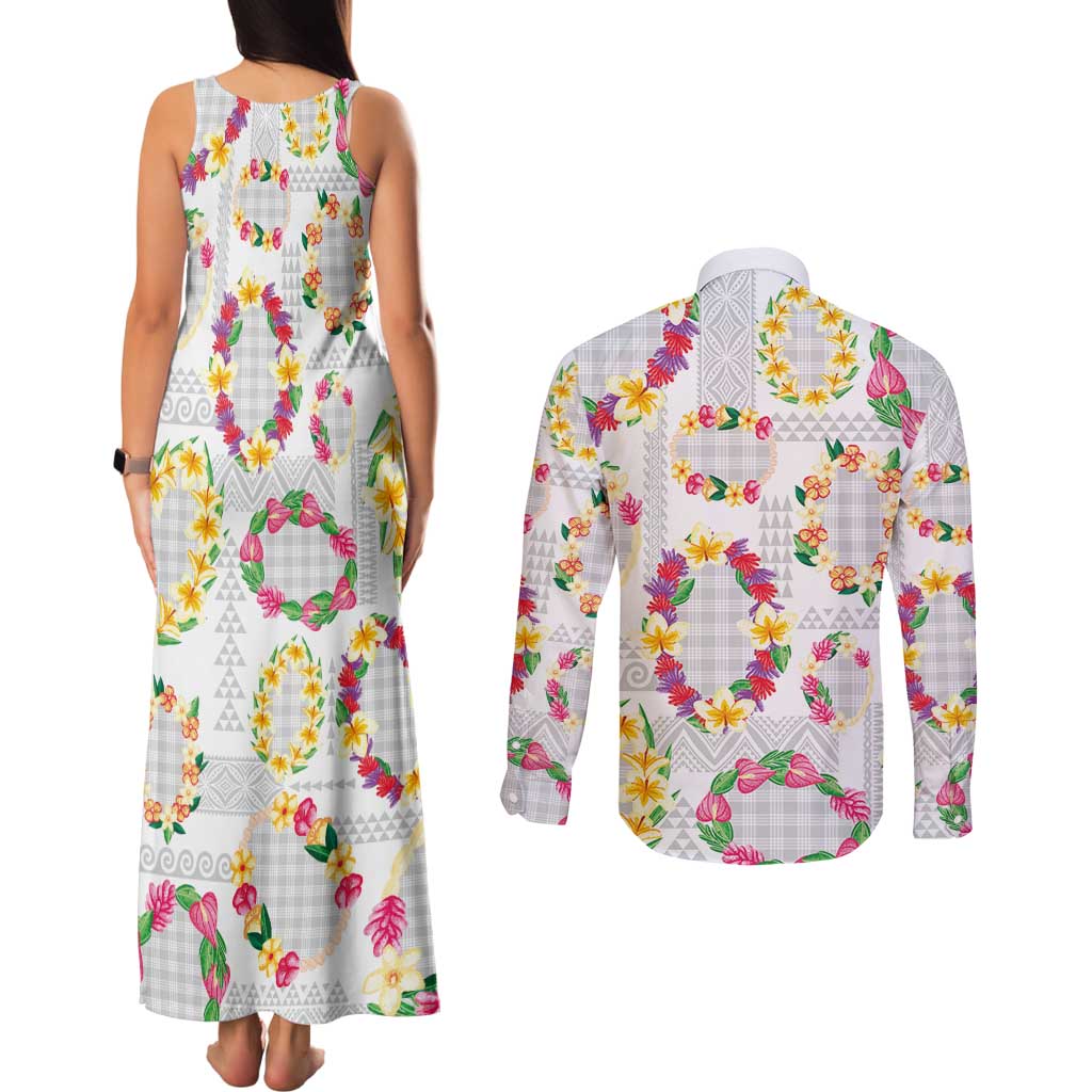 Hawaiian Kakau Tattoo Leis and Palaka Pattern Couples Matching Tank Maxi Dress and Long Sleeve Button Shirt Traditional Aloha Tribal White Color LT03 - Polynesian Pride