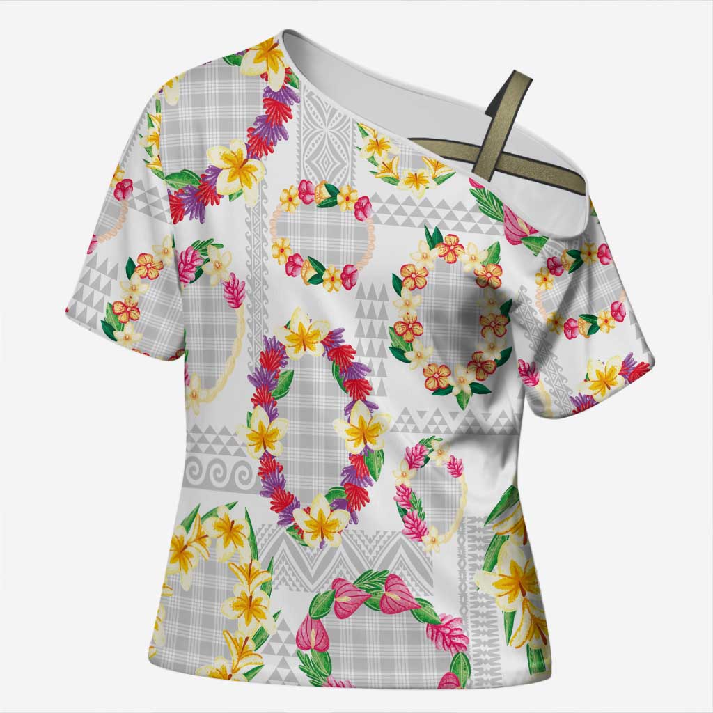 Hawaiian Kakau Tattoo Leis and Palaka Pattern Cross Shoulder Shirt Traditional Aloha Tribal White Color