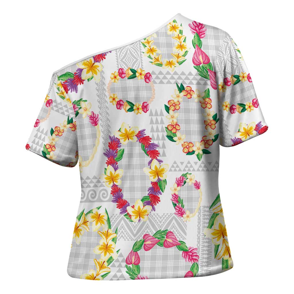 Hawaiian Kakau Tattoo Leis and Palaka Pattern Cross Shoulder Shirt Traditional Aloha Tribal White Color