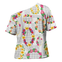 Hawaiian Kakau Tattoo Leis and Palaka Pattern Cross Shoulder Shirt Traditional Aloha Tribal White Color