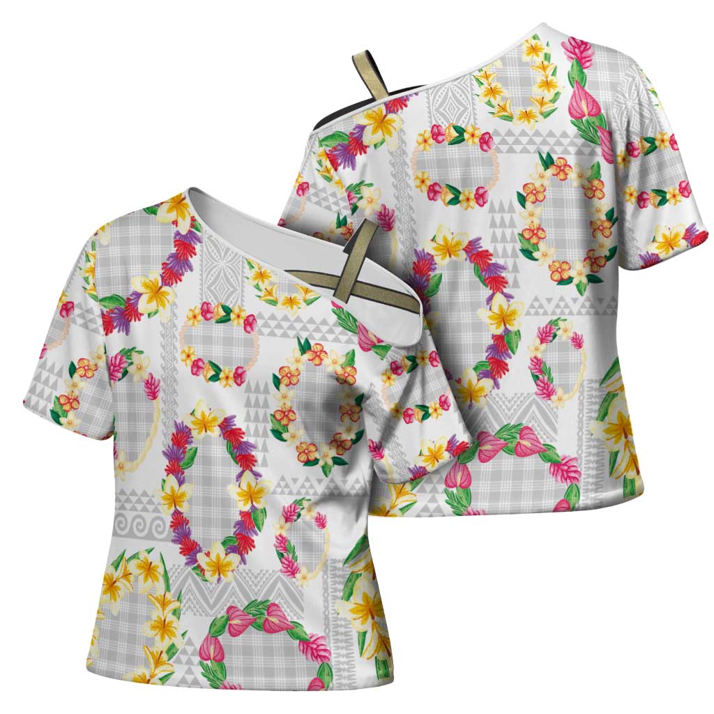 Hawaiian Kakau Tattoo Leis and Palaka Pattern Cross Shoulder Shirt Traditional Aloha Tribal White Color