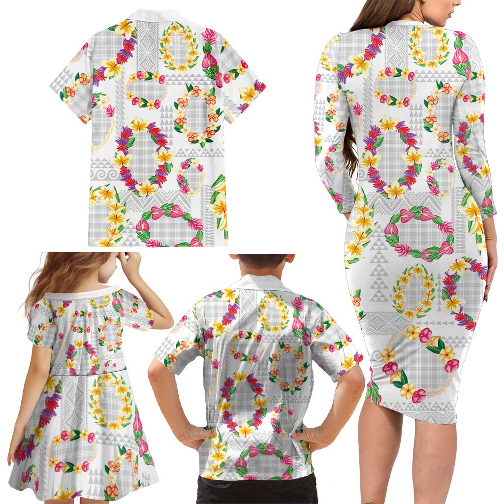 Hawaiian Kakau Tattoo Leis and Palaka Pattern Family Matching Long Sleeve Bodycon Dress and Hawaiian Shirt Traditional Aloha Tribal White Color LT03 - Polynesian Pride