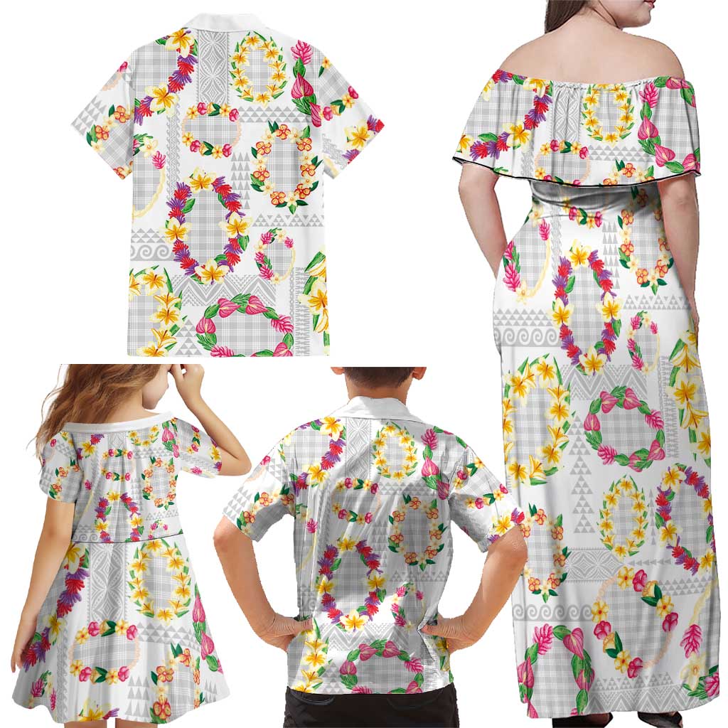 Hawaiian Kakau Tattoo Leis and Palaka Pattern Family Matching Off Shoulder Maxi Dress and Hawaiian Shirt Traditional Aloha Tribal White Color LT03 - Polynesian Pride