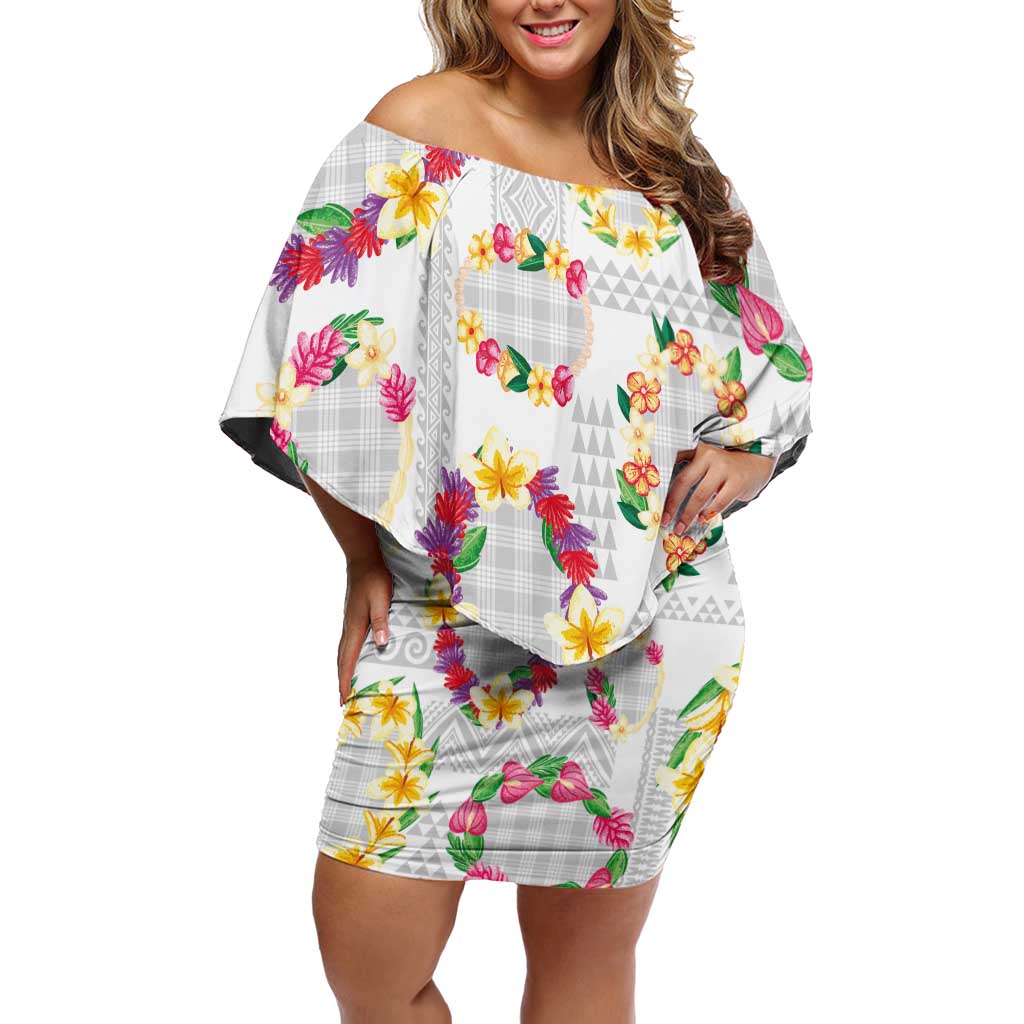Hawaiian Kakau Tattoo Leis and Palaka Pattern Family Matching Off Shoulder Short Dress and Hawaiian Shirt Traditional Aloha Tribal White Color LT03 Mom's Dress White - Polynesian Pride