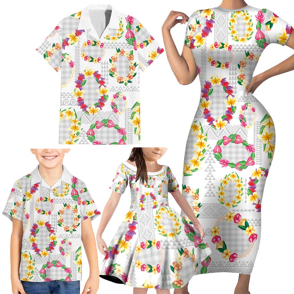 Hawaiian Kakau Tattoo Leis and Palaka Pattern Family Matching Short Sleeve Bodycon Dress and Hawaiian Shirt Traditional Aloha Tribal White Color LT03 - Polynesian Pride