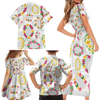 Hawaiian Kakau Tattoo Leis and Palaka Pattern Family Matching Short Sleeve Bodycon Dress and Hawaiian Shirt Traditional Aloha Tribal White Color LT03 - Polynesian Pride