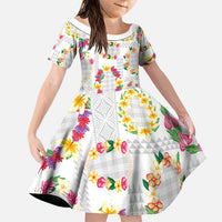 Hawaiian Kakau Tattoo Leis and Palaka Pattern Family Matching Summer Maxi Dress and Hawaiian Shirt Traditional Aloha Tribal White Color LT03 Daughter's Dress White - Polynesian Pride