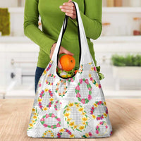 Hawaiian Kakau Tattoo Leis and Palaka Pattern Grocery Bag Traditional Aloha Tribal White Color
