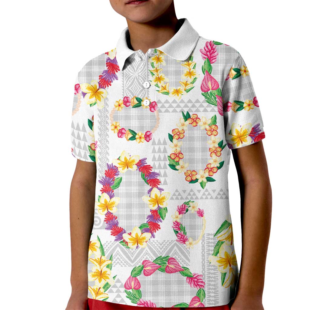 Hawaiian Kakau Tattoo Leis and Palaka Pattern Kid Polo Shirt Traditional Aloha Tribal White Color