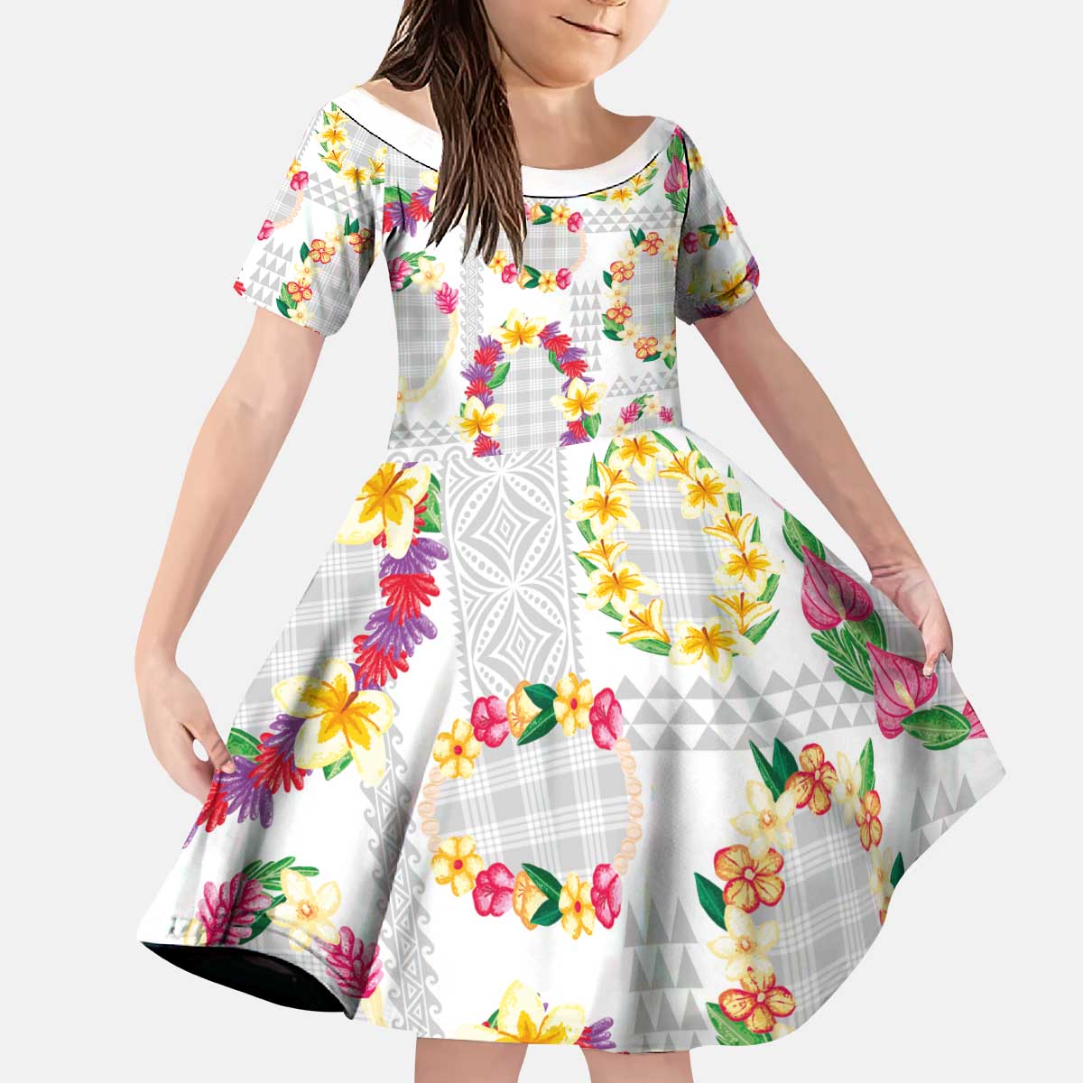 Hawaiian Kakau Tattoo Leis and Palaka Pattern Kid Short Sleeve Dress Traditional Aloha Tribal White Color