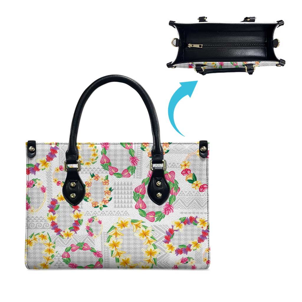 Hawaiian Kakau Tattoo Leis and Palaka Pattern Leather Bag Traditional Aloha Tribal White Color