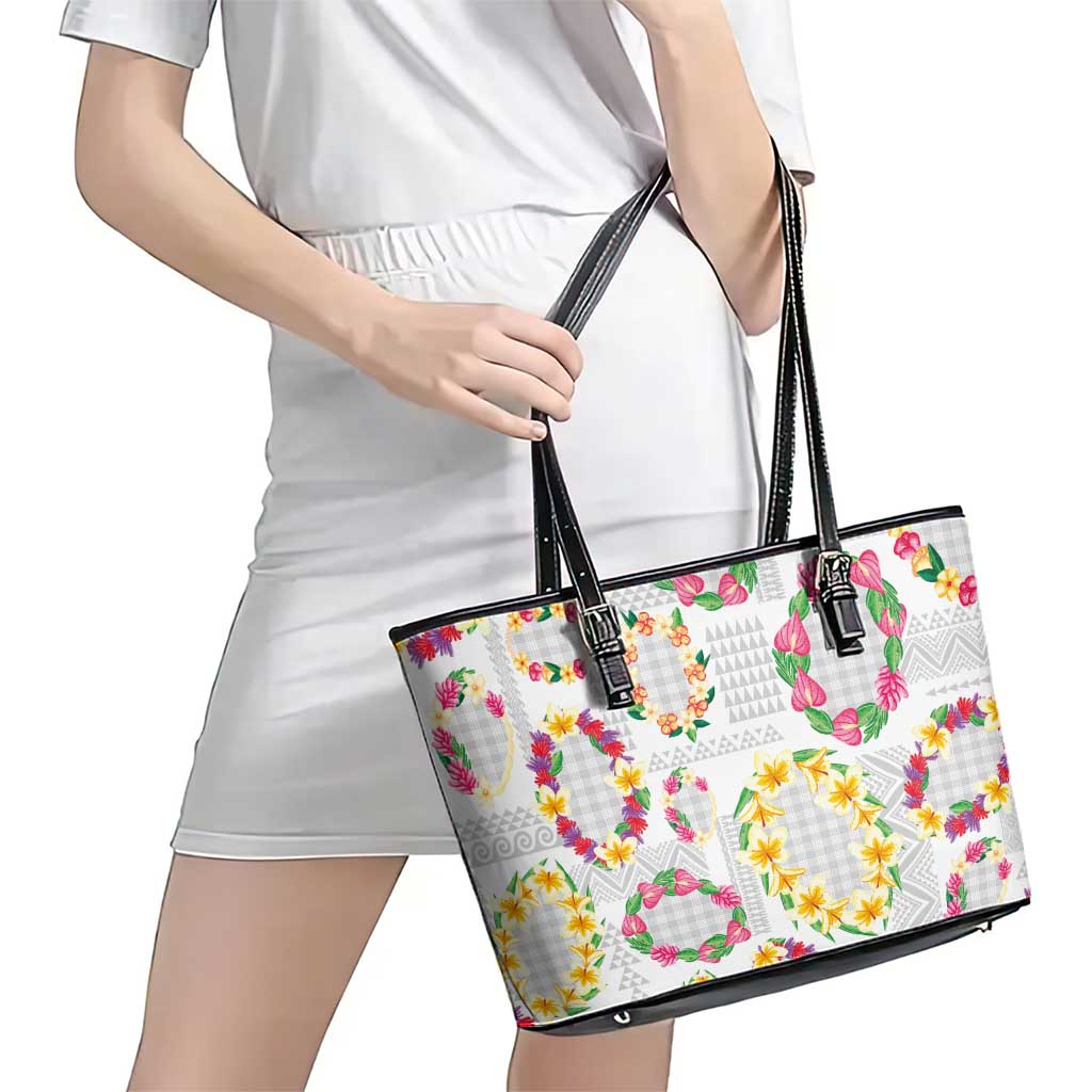 Hawaiian Kakau Tattoo Leis and Palaka Pattern Leather Tote Bag Traditional Aloha Tribal White Color