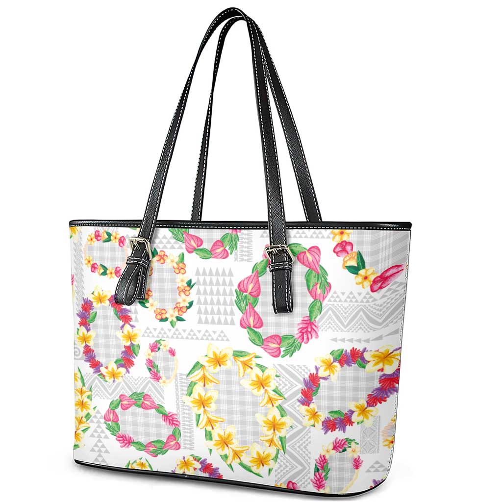Hawaiian Kakau Tattoo Leis and Palaka Pattern Leather Tote Bag Traditional Aloha Tribal White Color