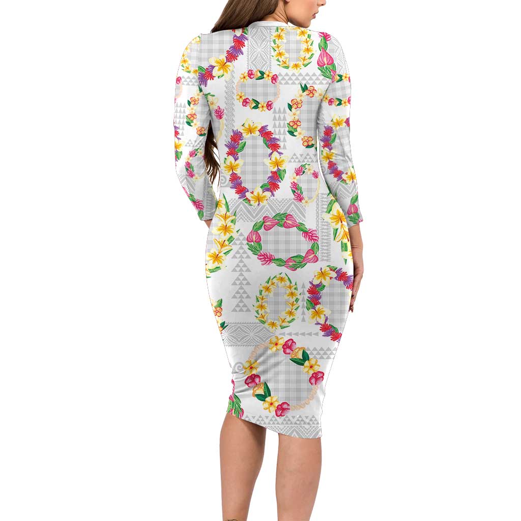 Hawaiian Kakau Tattoo Leis and Palaka Pattern Long Sleeve Bodycon Dress Traditional Aloha Tribal White Color