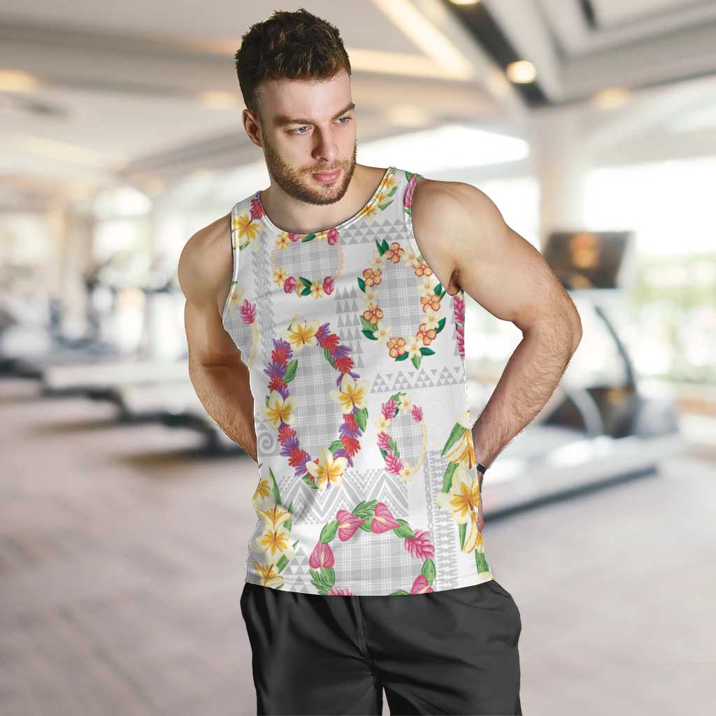 Hawaiian Kakau Tattoo Leis and Palaka Pattern Men Tank Top Traditional Aloha Tribal White Color