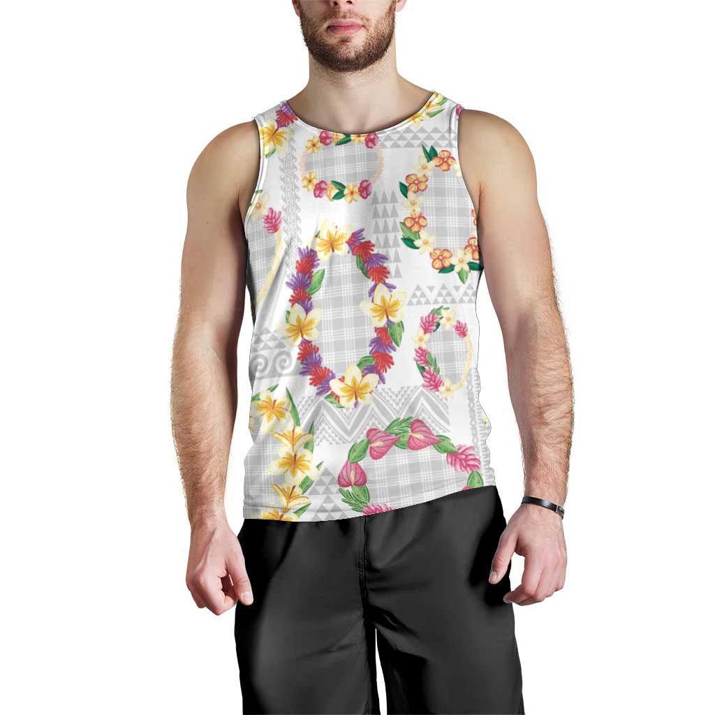 Hawaiian Kakau Tattoo Leis and Palaka Pattern Men Tank Top Traditional Aloha Tribal White Color