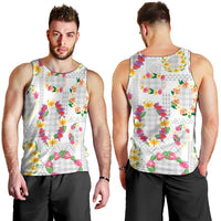 Hawaiian Kakau Tattoo Leis and Palaka Pattern Men Tank Top Traditional Aloha Tribal White Color