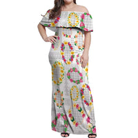 Hawaiian Kakau Tattoo Leis and Palaka Pattern Off Shoulder Maxi Dress Traditional Aloha Tribal White Color