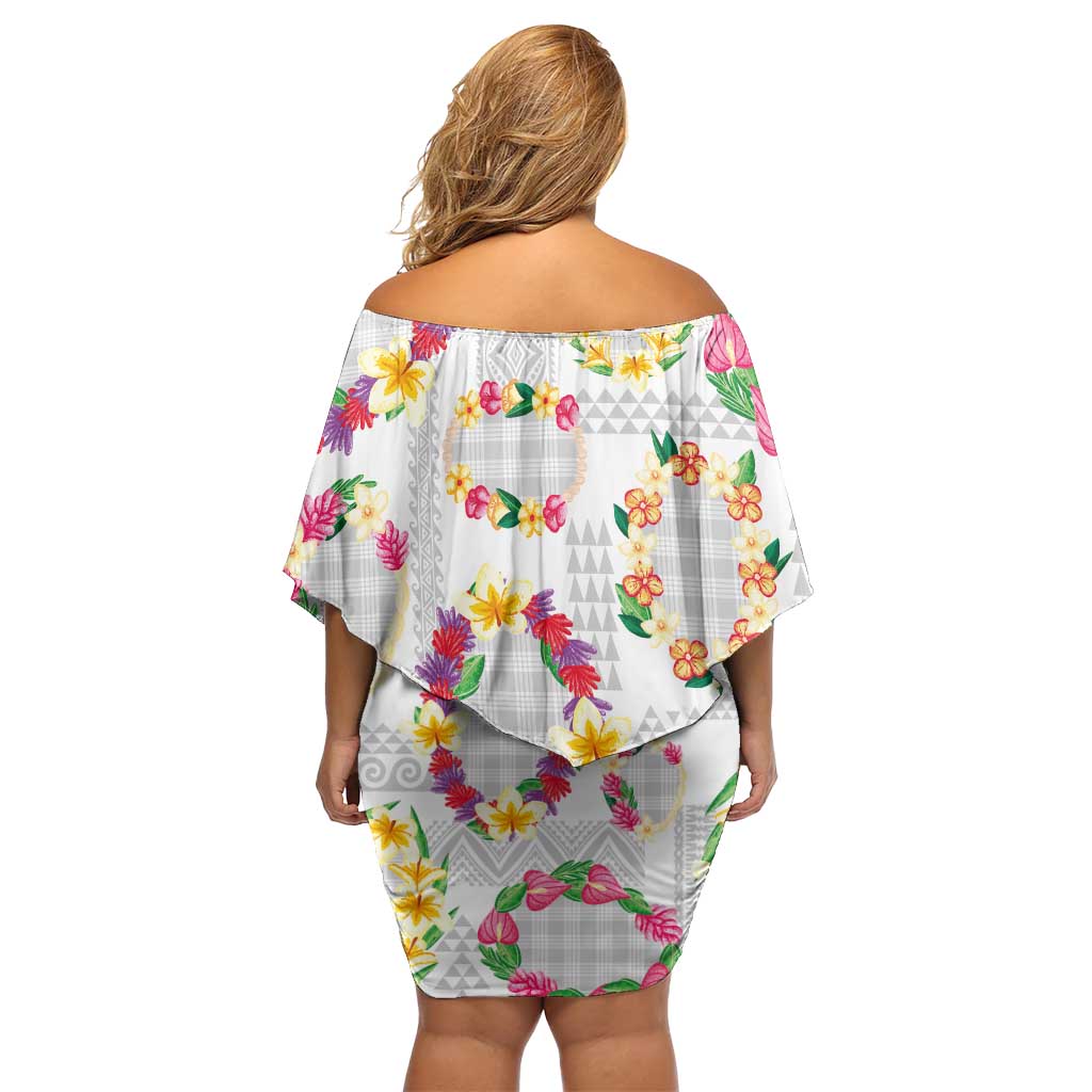 Hawaiian Kakau Tattoo Leis and Palaka Pattern Off Shoulder Short Dress Traditional Aloha Tribal White Color