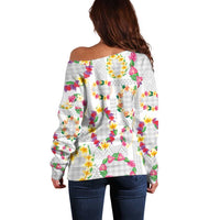 Hawaiian Kakau Tattoo Leis and Palaka Pattern Off Shoulder Sweater Traditional Aloha Tribal White Color