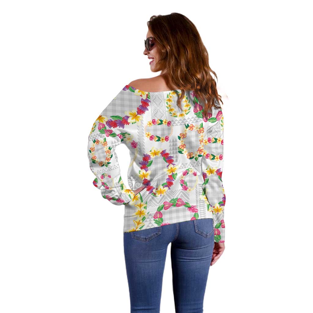Hawaiian Kakau Tattoo Leis and Palaka Pattern Off Shoulder Sweater Traditional Aloha Tribal White Color