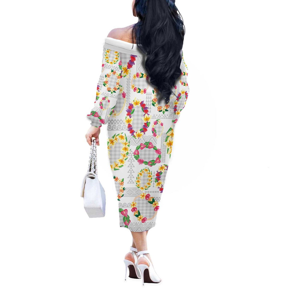 Hawaiian Kakau Tattoo Leis and Palaka Pattern Off The Shoulder Long Sleeve Dress Traditional Aloha Tribal White Color