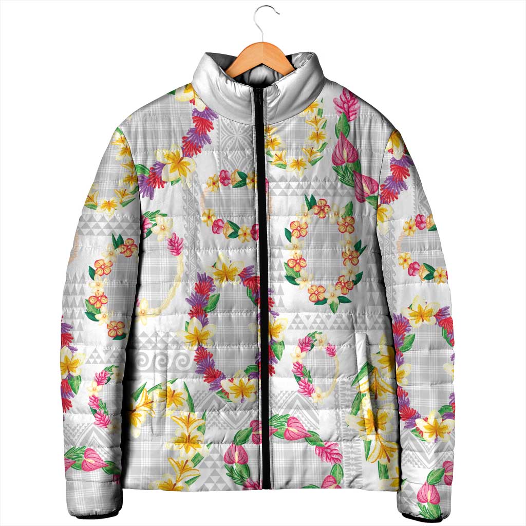 Hawaiian Kakau Tattoo Leis and Palaka Pattern Padded Jacket Traditional Aloha Tribal White Color