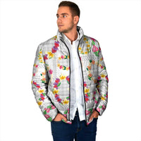 Hawaiian Kakau Tattoo Leis and Palaka Pattern Padded Jacket Traditional Aloha Tribal White Color