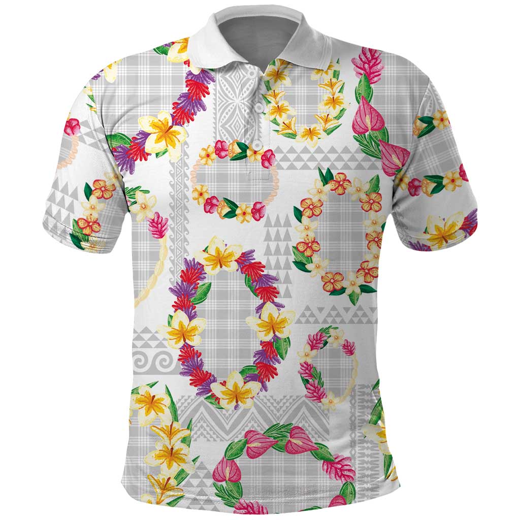 Hawaiian Kakau Tattoo Leis and Palaka Pattern Polo Shirt Traditional Aloha Tribal White Color