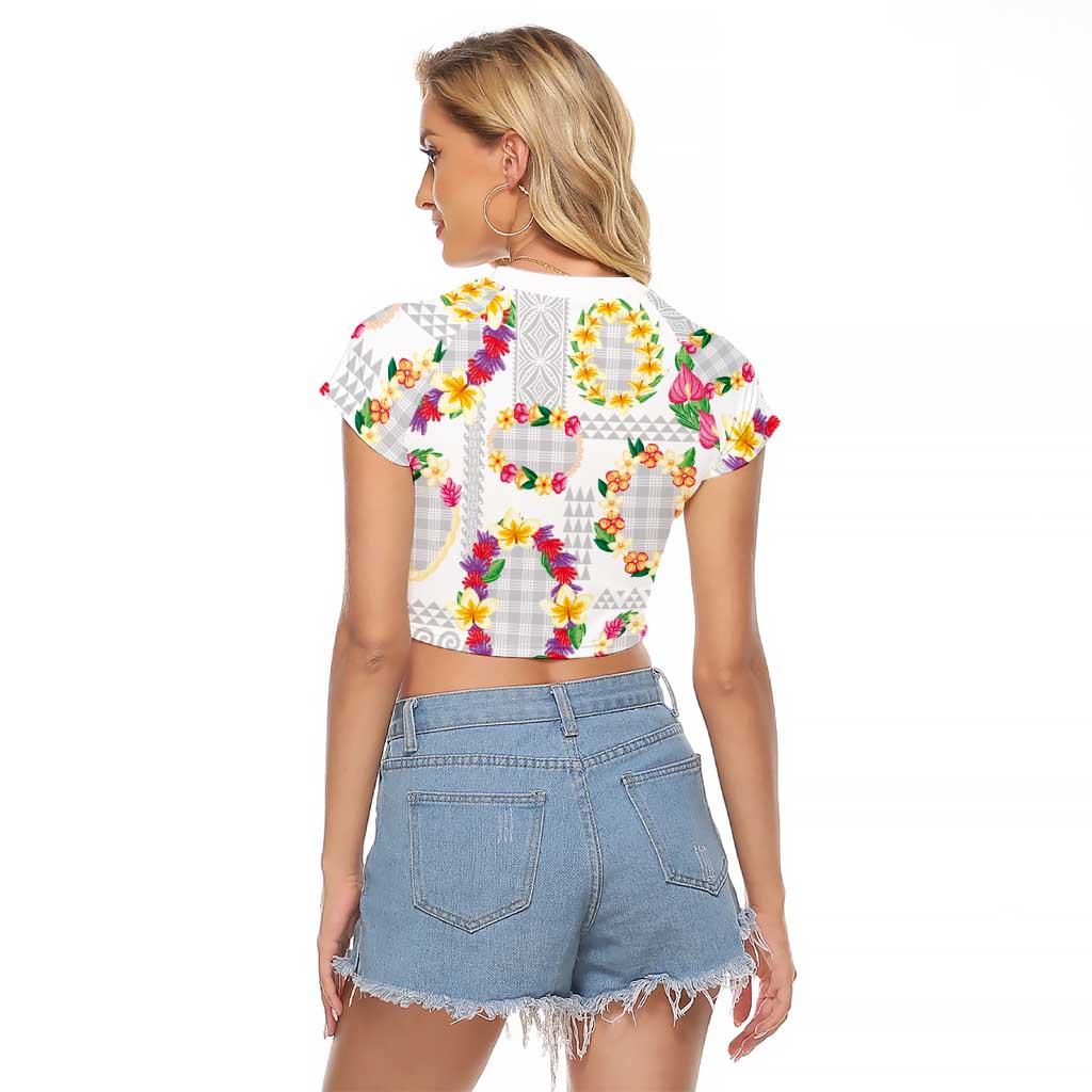 Hawaiian Kakau Tattoo Leis and Palaka Pattern Raglan Cropped T Shirt Traditional Aloha Tribal White Color