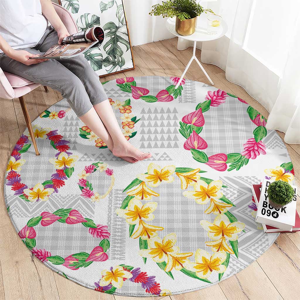 Hawaiian Kakau Tattoo Leis and Palaka Pattern Round Carpet Traditional Aloha Tribal White Color