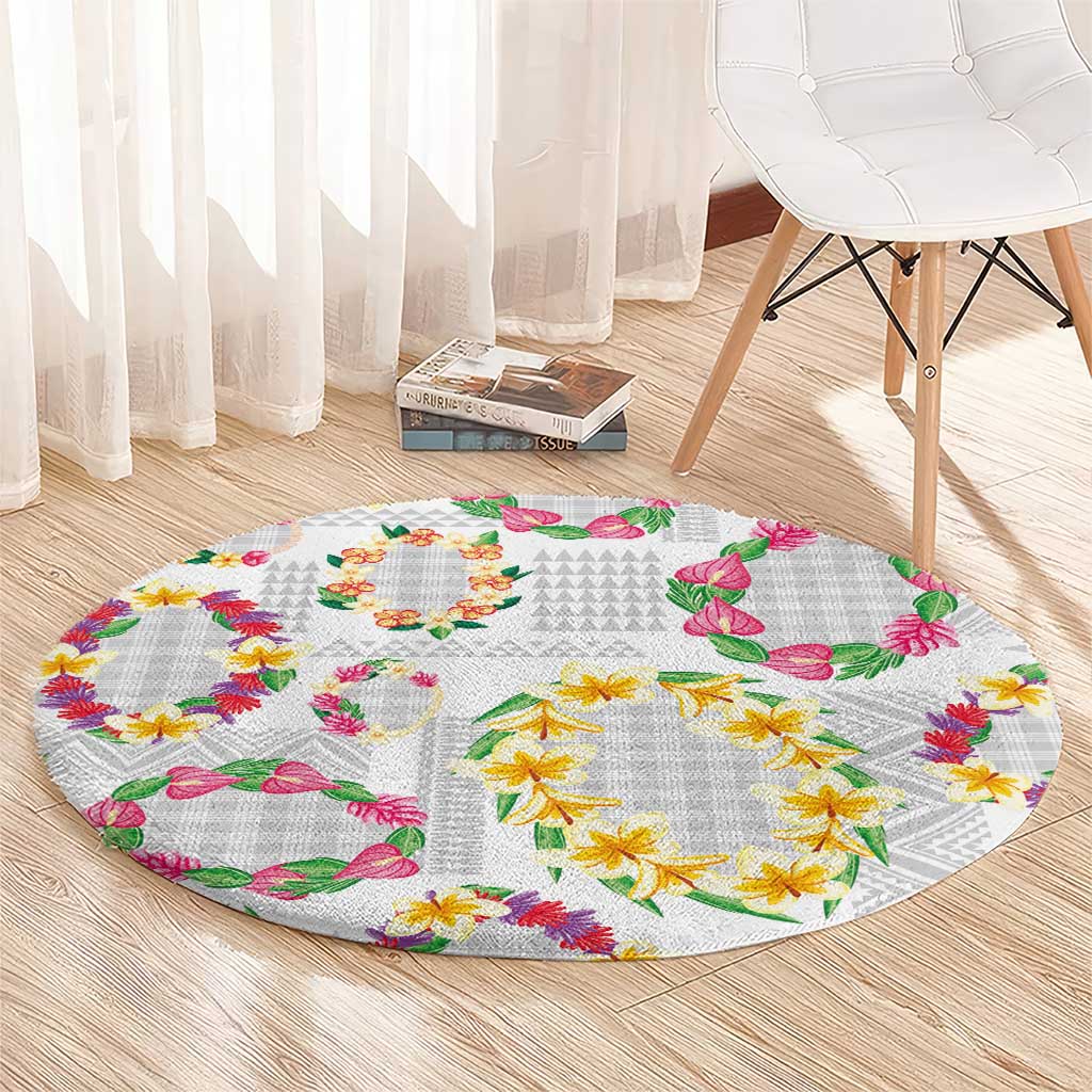 Hawaiian Kakau Tattoo Leis and Palaka Pattern Round Carpet Traditional Aloha Tribal White Color