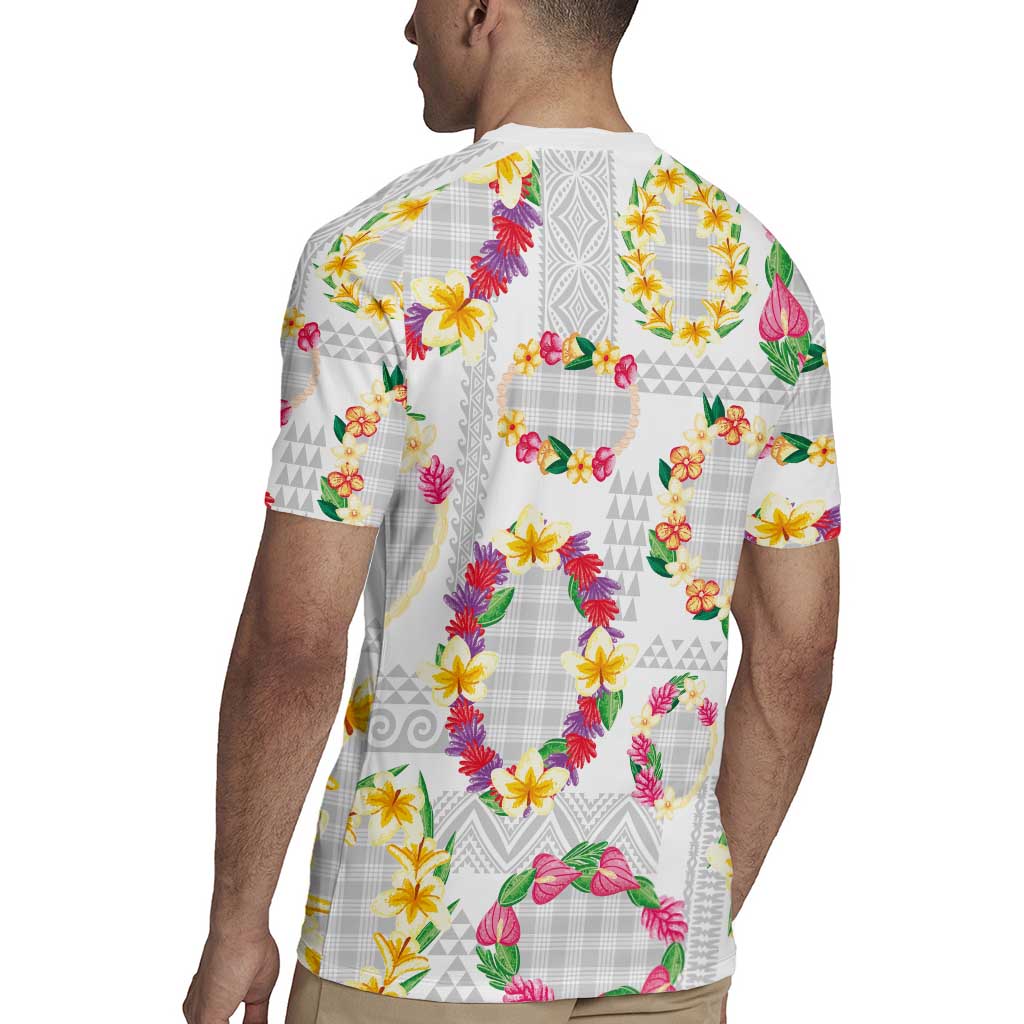 Hawaiian Kakau Tattoo Leis and Palaka Pattern Rugby Jersey Traditional Aloha Tribal White Color