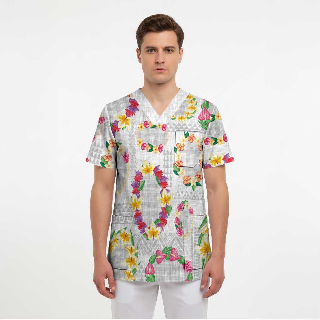 Hawaiian Kakau Tattoo Leis and Palaka Pattern Scrub Top Traditional Aloha Tribal White Color