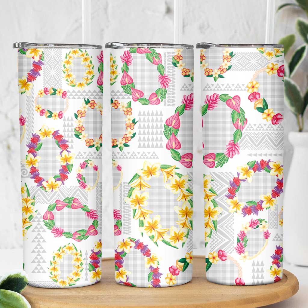 Hawaiian Kakau Tattoo Leis and Palaka Pattern Skinny Tumbler Traditional Aloha Tribal White Color LT03 - Polynesian Pride
