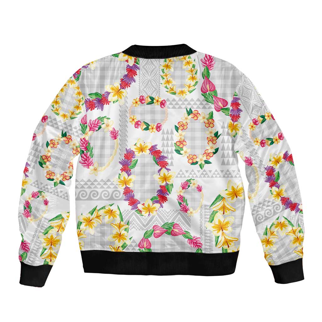 Hawaiian Kakau Tattoo Leis and Palaka Pattern Sleeve Zip Bomber Jacket Traditional Aloha Tribal White Color