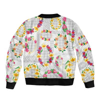 Hawaiian Kakau Tattoo Leis and Palaka Pattern Sleeve Zip Bomber Jacket Traditional Aloha Tribal White Color