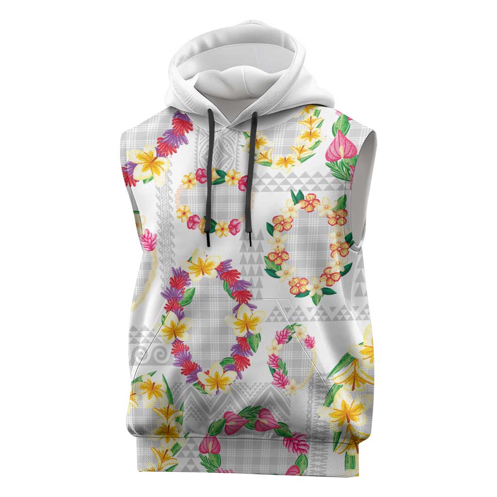 Hawaiian Kakau Tattoo Leis and Palaka Pattern Sleeveless Hoodie Traditional Aloha Tribal White Color