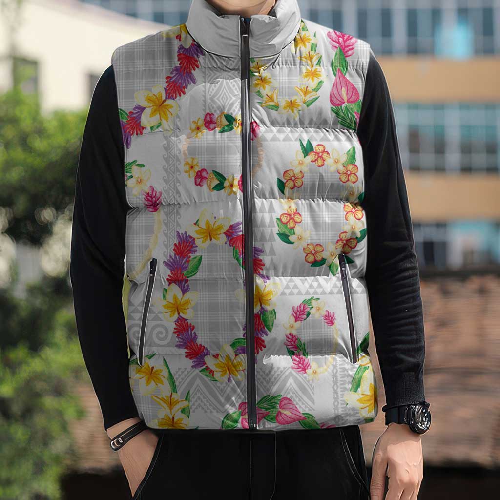 Hawaiian Kakau Tattoo Leis and Palaka Pattern Sleeveless Puffer Jacket Traditional Aloha Tribal White Color