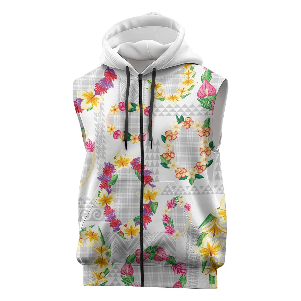 Hawaiian Kakau Tattoo Leis and Palaka Pattern Sleeveless Zip Hoodie Traditional Aloha Tribal White Color
